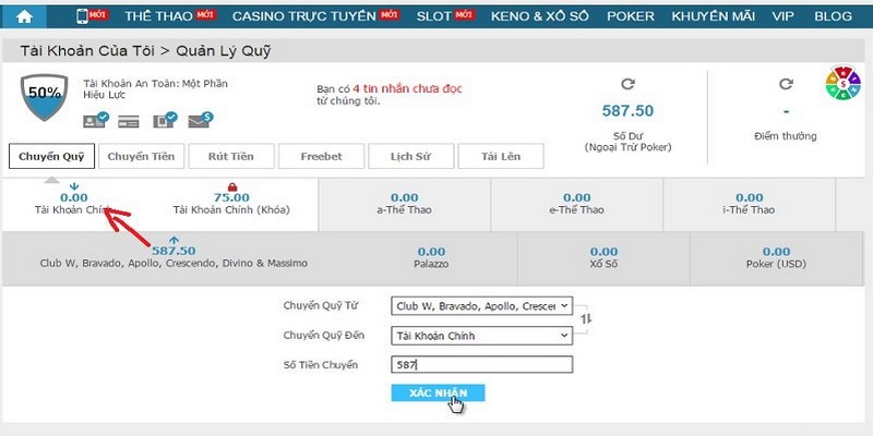 Thao tác chuyển quỹ trước khi rút tiền WW88